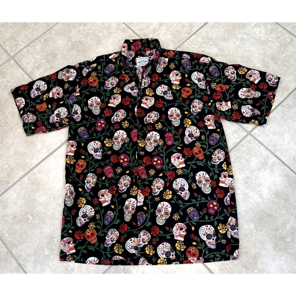 David Carey Mens Hawaiian Camp‎ Shirt Skull Day Of The Dead All Over Print Sz L